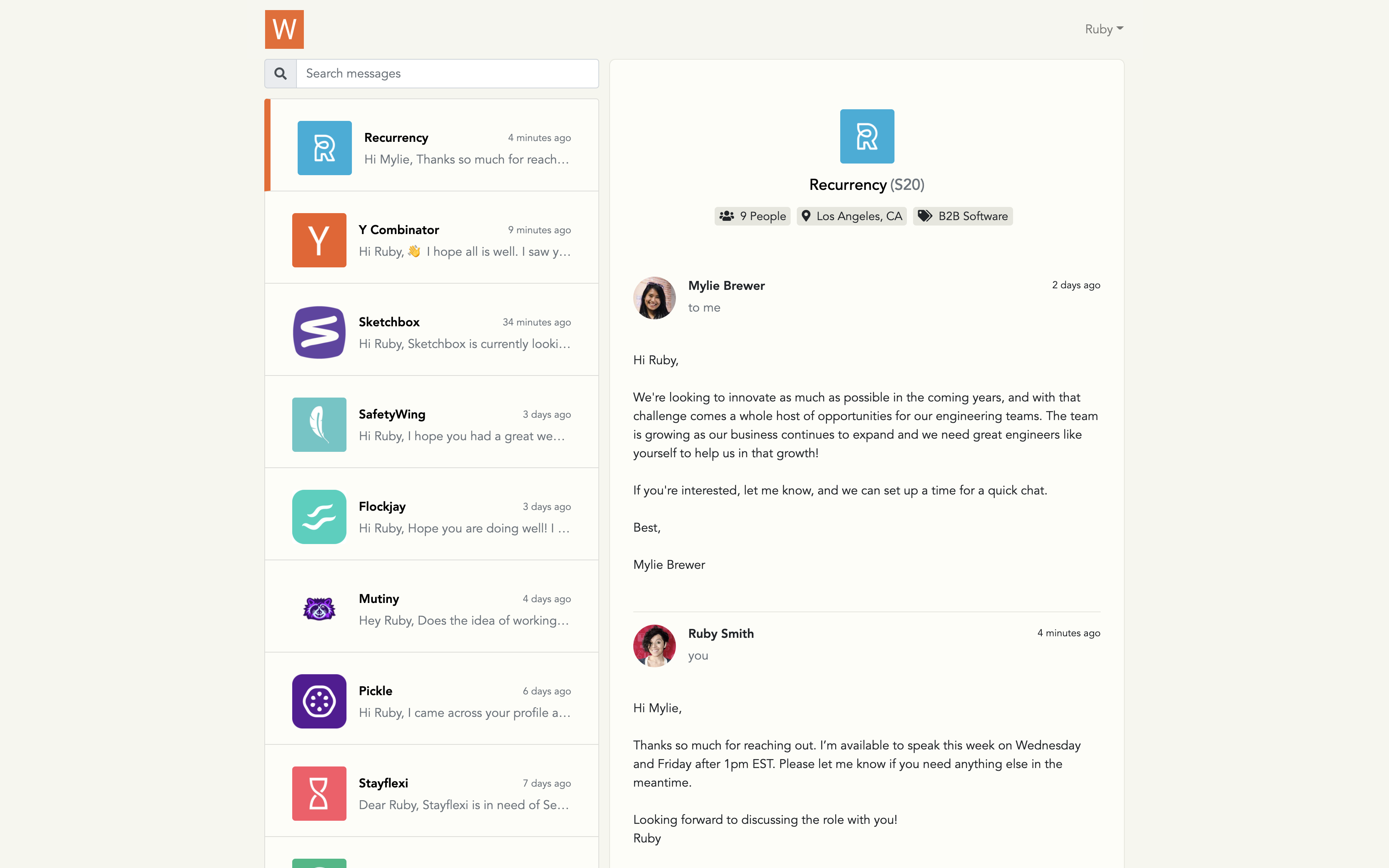 WaaS Inbox Demo — a redesign of YC's workatastartup inbox for 1-to-1 conversations between job seekers and founders